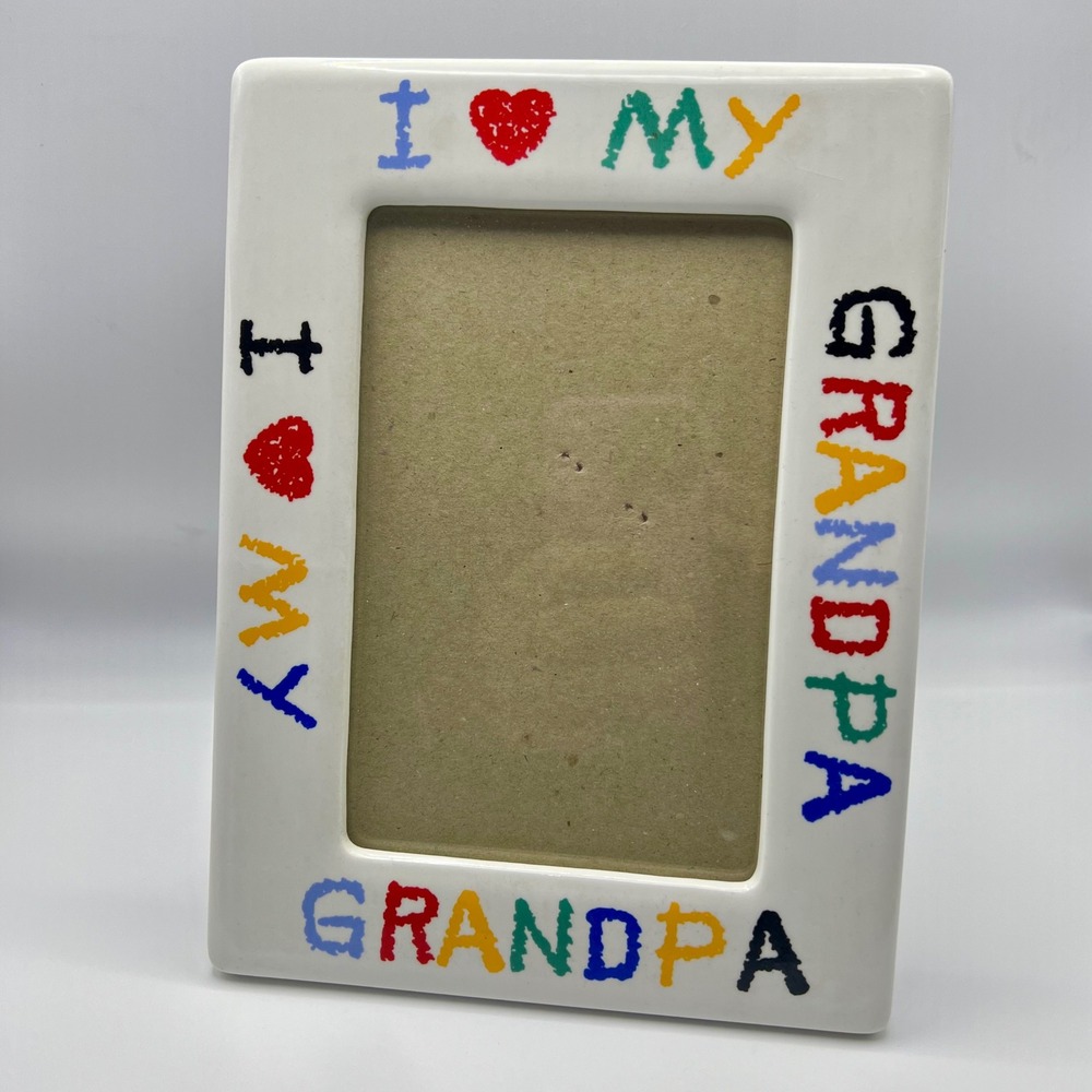 I Love My Grandpa White Ceramic Picture Frame Colorful Crayon Font 6x8 Vintage